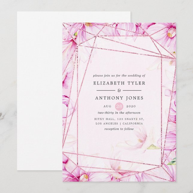 Rose Gold and Pink Magnolia Geometric Wedding Invitation (Front/Back)