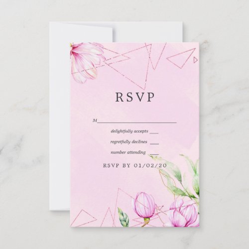 Rose Gold and Pink Magnolia Geometric Wedding RSVP Card