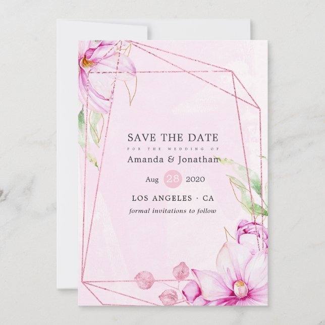 Rose Gold and Pink Magnolia Geometric Wedding Save The Date (Front)