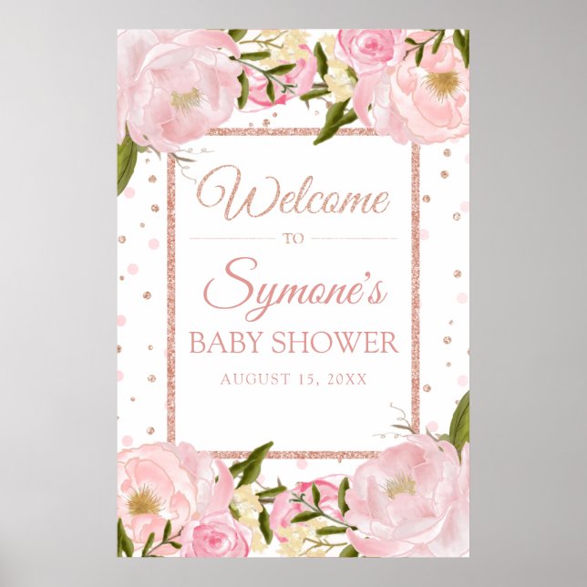 Rose Gold and Pink Peony Baby Shower Welcome Sign (Front)