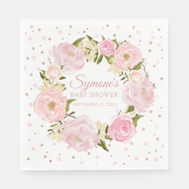 Rose Gold and Pink Peony Girl Baby Shower Napkins (Front)