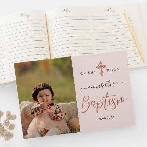 Rose Gold And Pink Photo Girl Baptism  Guest Book