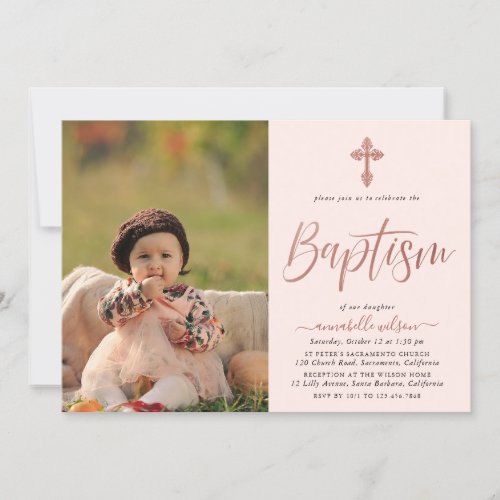 Rose Gold And Pink Photo Girl Baptism Invitation