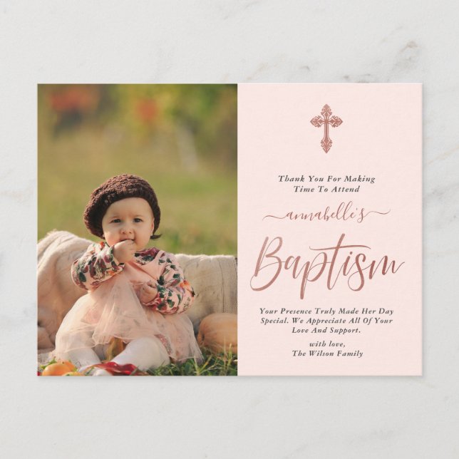 Rose Gold And Pink Photo Girl Baptism Thank You Postcard (Front)