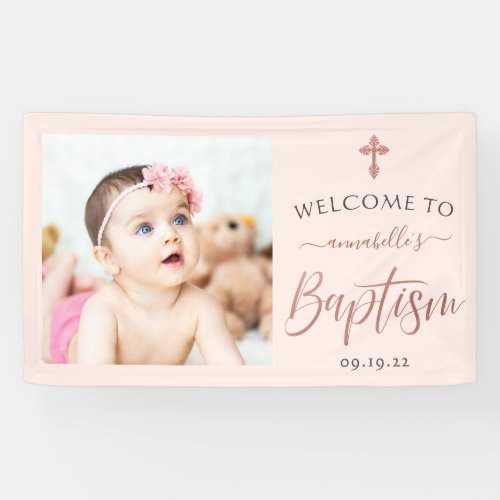 Rose Gold And Pink Photo Girl Baptism Welcome Banner