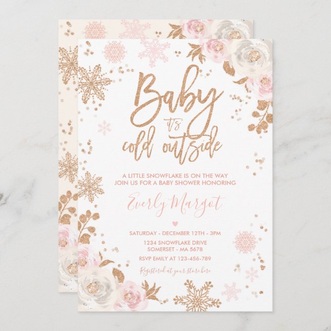 Rose Gold And Pink Winter Baby Shower Snowflake Invitation (Front/Back)