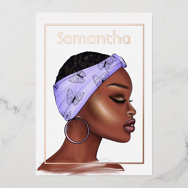 Rose Gold and Purple Afro Birthday Party Foil Invitation (Front)