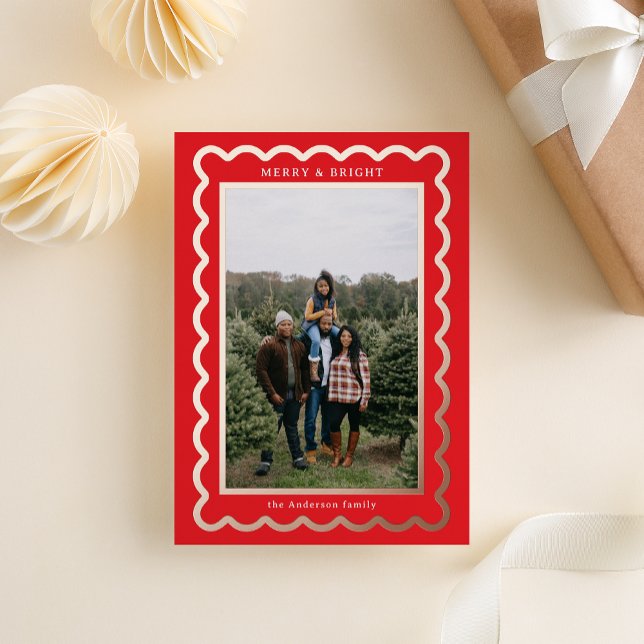 Rose Gold and Red Simple Scallop Photo Frame Foil Holiday Card (Creator Uploaded)