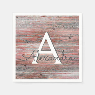 Rose Gold and Rustic Wood Monogram Birthday Napkins