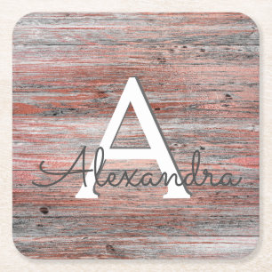 Rose Gold and Rustic Wood Monogram & Initial Square Paper Coaster