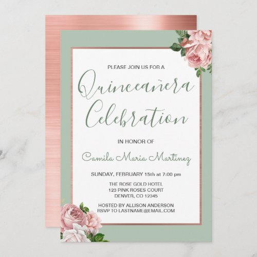 Rose Gold and Sage Floral Quinceaera Invitation