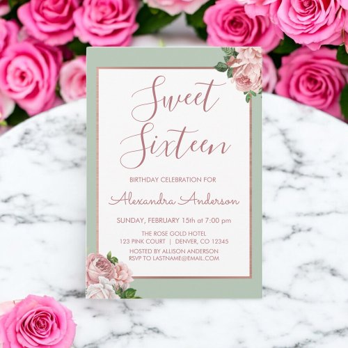 Rose Gold and Sage Floral Sweet Sixteen Birthday Invitation