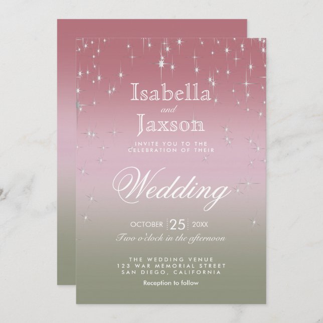 Rose Gold and Sage Green Blend Star Lights   Invitation (Front/Back)