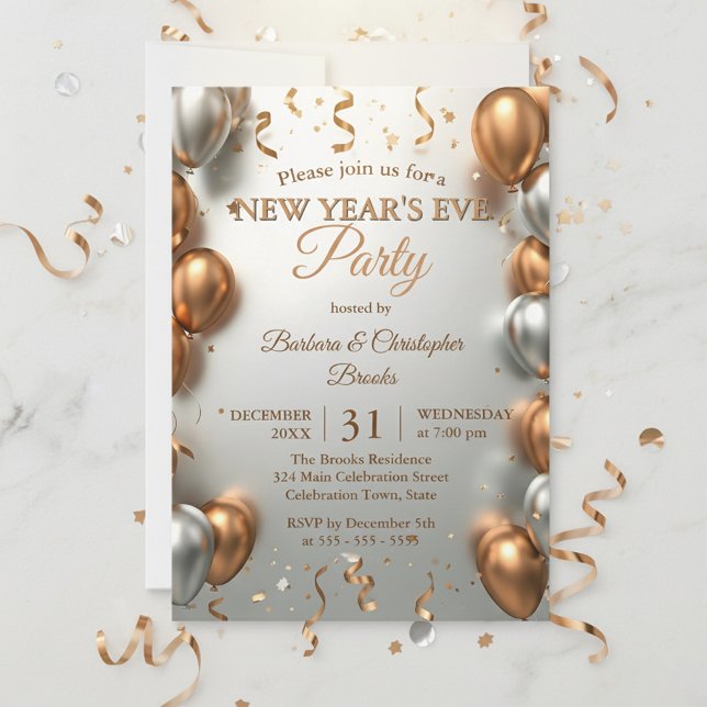 Rose Gold and Silver Balloons New Year's Party Invitation (Creator Uploaded)