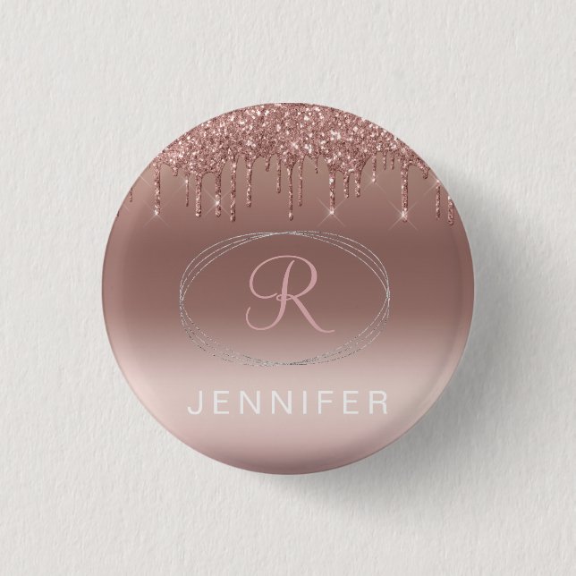 Rose Gold and Silver Glitter Monogram  Button (Front)