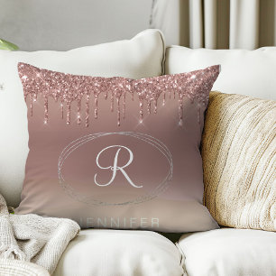 Rose Gold and Silver Glitter Monogram Throw Pillow