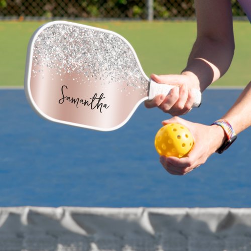 Rose Gold and Silver Glittery Glam Script Name Pickleball Paddle