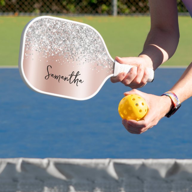 Rose Gold and Silver Glittery Glam Script Name Pickleball Paddle (Insitu)