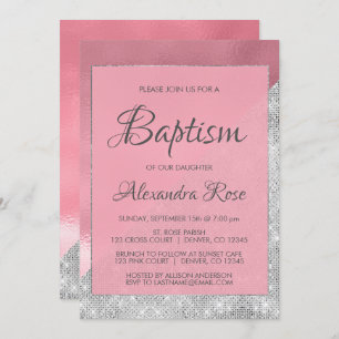 Rose Gold and Silver Sparkle Baby Girl Baptism Invitation