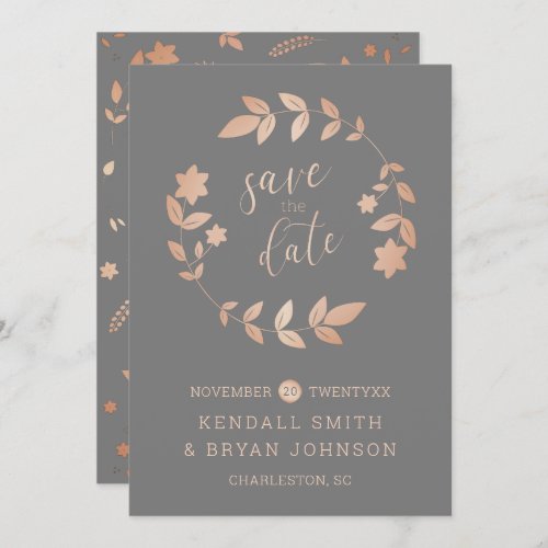 Rose Gold and Slate Gray Floral Save the Date Invitation