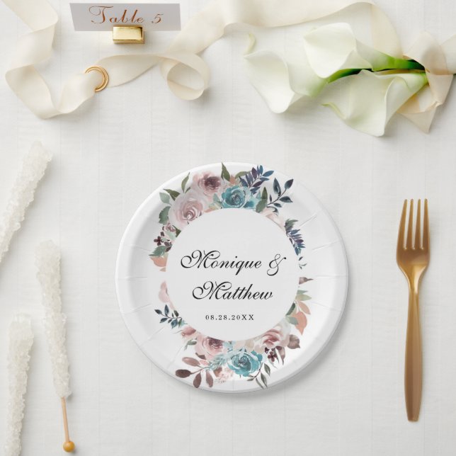 Rose Gold and Teal Botanical Peony Wedding Paper Plates (Wedding)