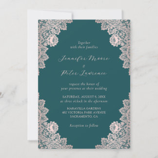 Rose Gold and Teal Calligraphy Wedding Invitation