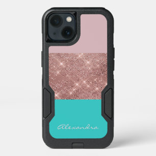 Rose Gold and Turquoise Monogrammed Color Block iPhone 13 Case