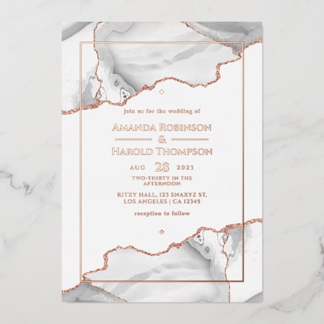Rose Gold and White Agate Wedding Foil Invitation (Front)
