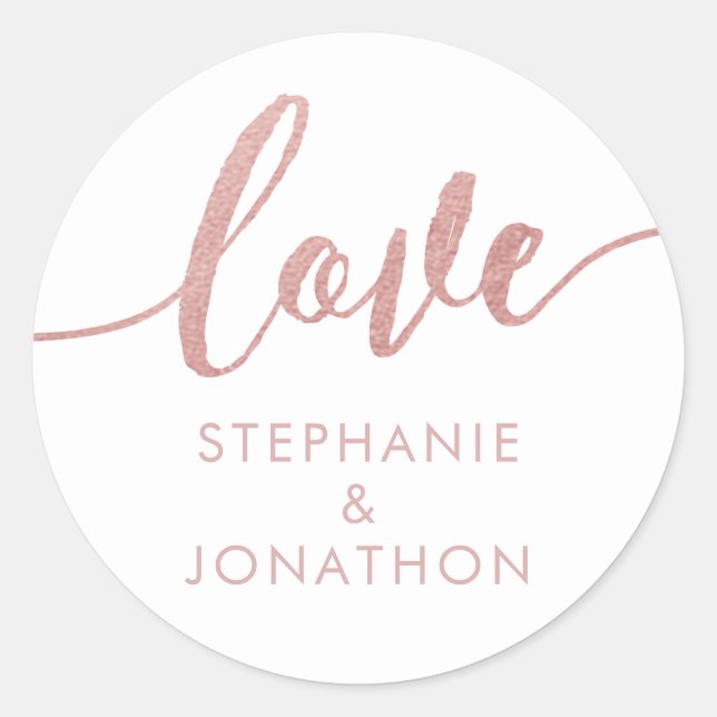 Rose Gold and White Love Script Name Favor Sticker (Front)