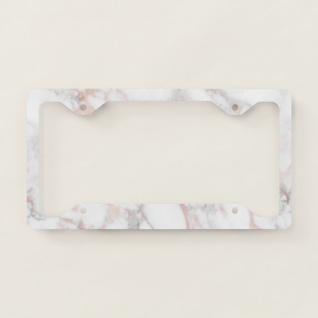 Rose-gold and white luxury faux marble license plate frame (Front)