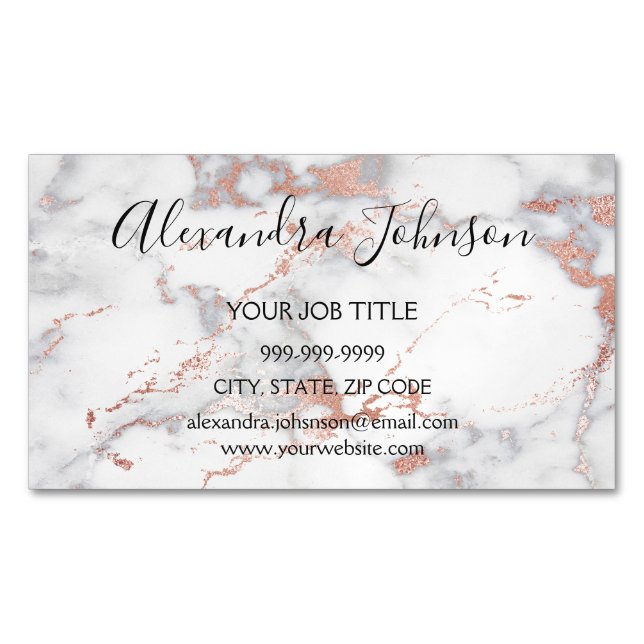 Rose Gold and White Marble Hair and Makeup Business Card Magnet (Front)