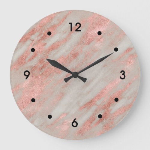 Rose Gold and White Marble Image Black Numbers Large Clock