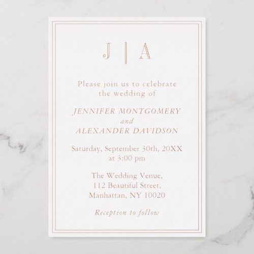 Rose Gold And White Monogram Modern Simple Wedding Foil Invitation