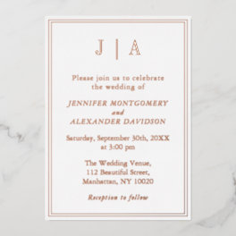 Rose Gold And White Monogram Modern Simple Wedding Foil Invitation