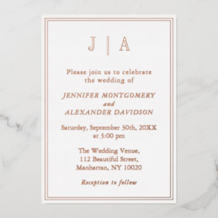 Rose Gold And White Monogram Modern Simple Wedding Foil Invitation