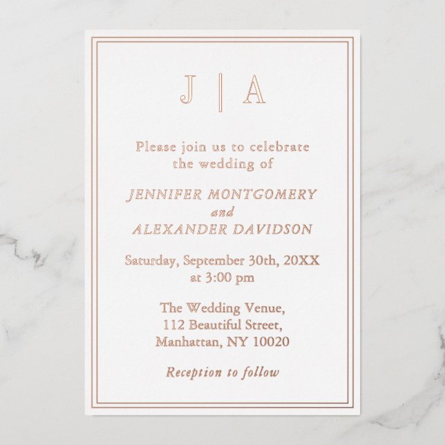 Rose Gold And White Monogram Modern Simple Wedding Foil Invitation (Front)