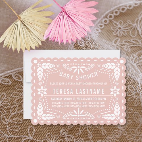 Rose gold and white papel picado baby shower invitation