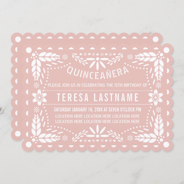 Rose gold and white papel picado Quinceañera Invitation (Front/Back)