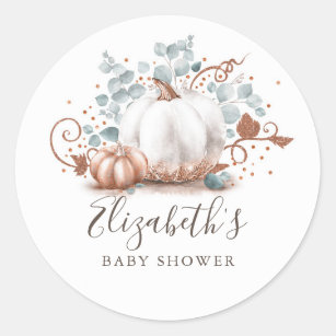 Rose Gold and White Pumpkin Fall Baby Shower Classic Round Sticker