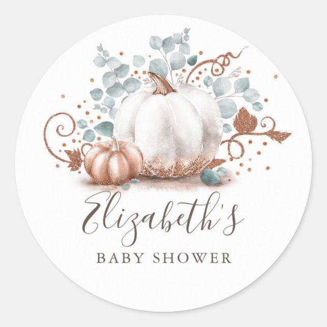 Rose Gold and White Pumpkin Fall Baby Shower Classic Round Sticker (Front)