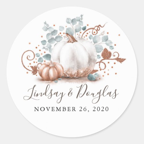 Rose Gold and White Pumpkin Fall Wedding Classic Round Sticker