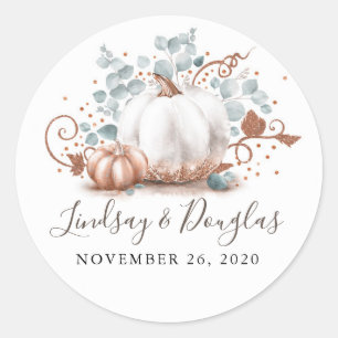 Rose Gold and White Pumpkin Fall Wedding Classic Round Sticker