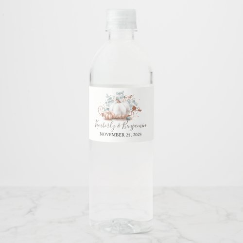 Rose Gold and White Pumpkin Fall Wedding Water Bottle Label