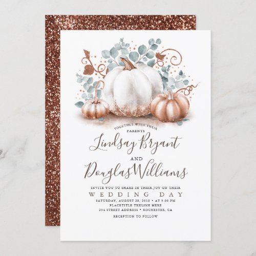 Rose Gold and White Pumpkins Rustic Fall Wedding Invitation