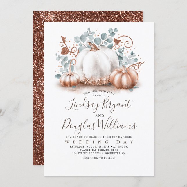 Rose Gold and White Pumpkins Rustic Fall Wedding Invitation (Front/Back)