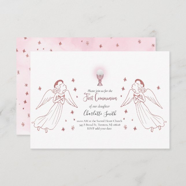 rose gold angels First Communion Invitation (Front/Back)