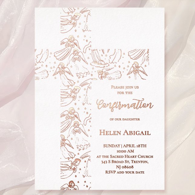 rose gold angels pattern cross Confirmation Foil Invitation (Creator Uploaded)