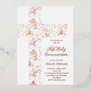 rose gold angels pattern cross First Communion Foil Invitation