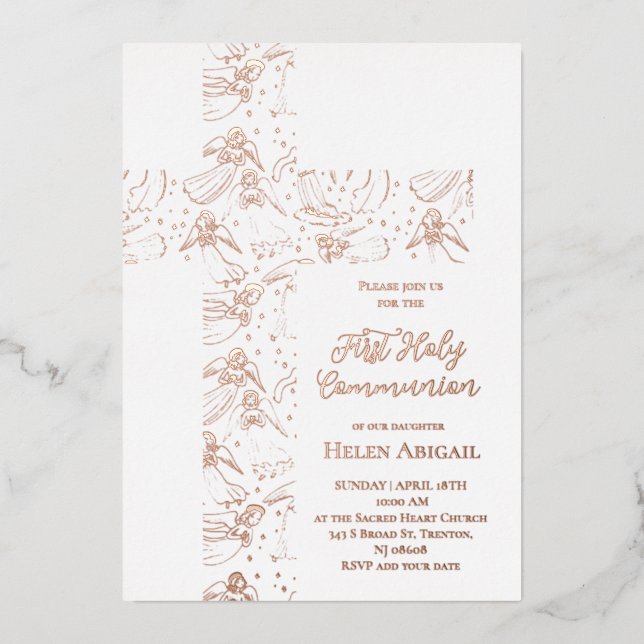 rose gold angels pattern cross First Communion Foil Invitation (Front)