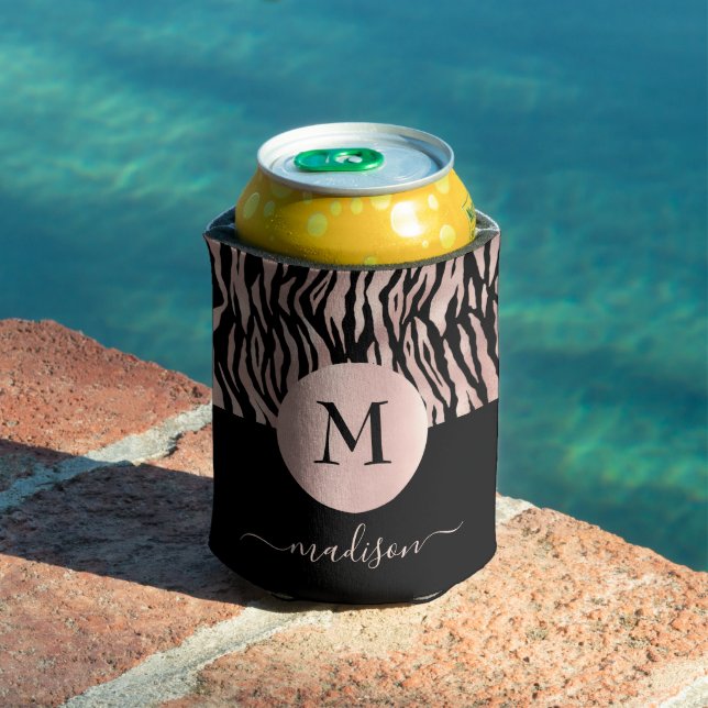Rose Gold Animal Print Black Monogram Name Glam Can Cooler (In Situ Pool)